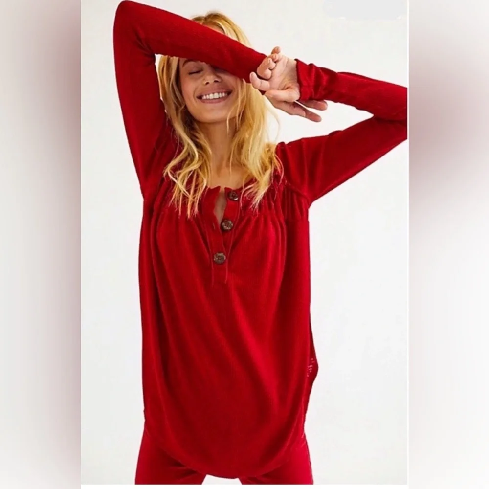 Free People Red Must Have Henley‎ Thermal Top